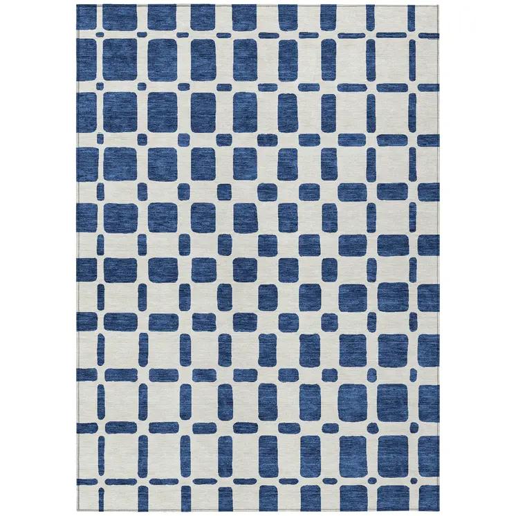 9' X 12' Navy Blue And Ivory Geometric Washable Indoor Outdoor Area Rug