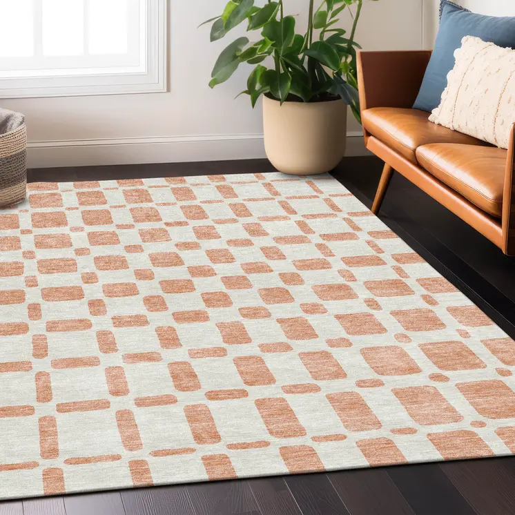 5' X 8' Peach And Beige Geometric Washable Indoor Outdoor Area Rug