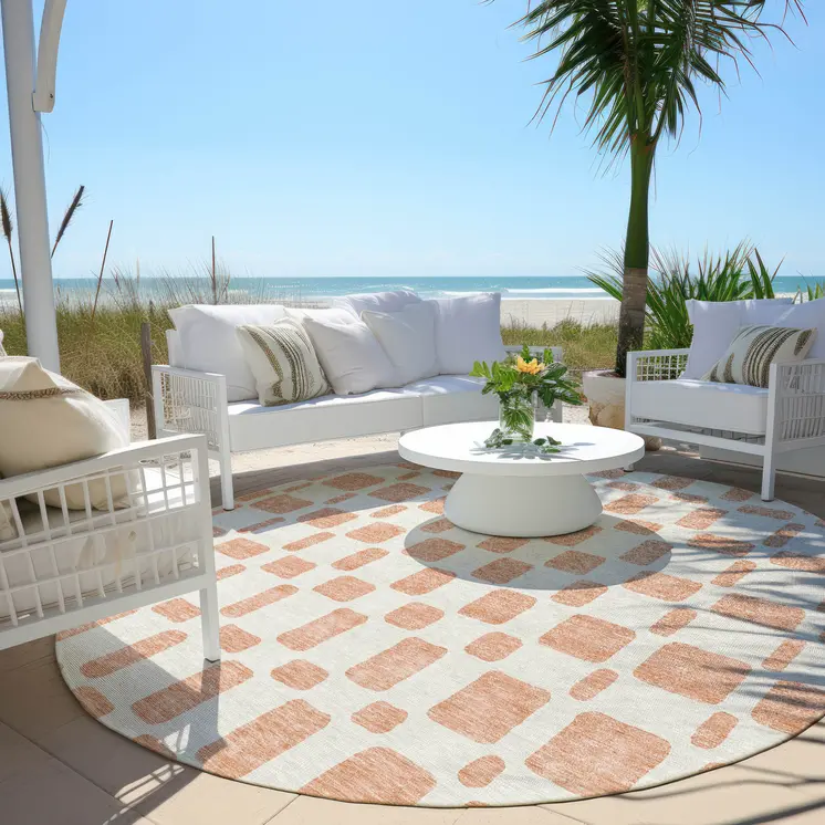 8' Peach And Beige Round Geometric Washable Indoor Outdoor Area Rug