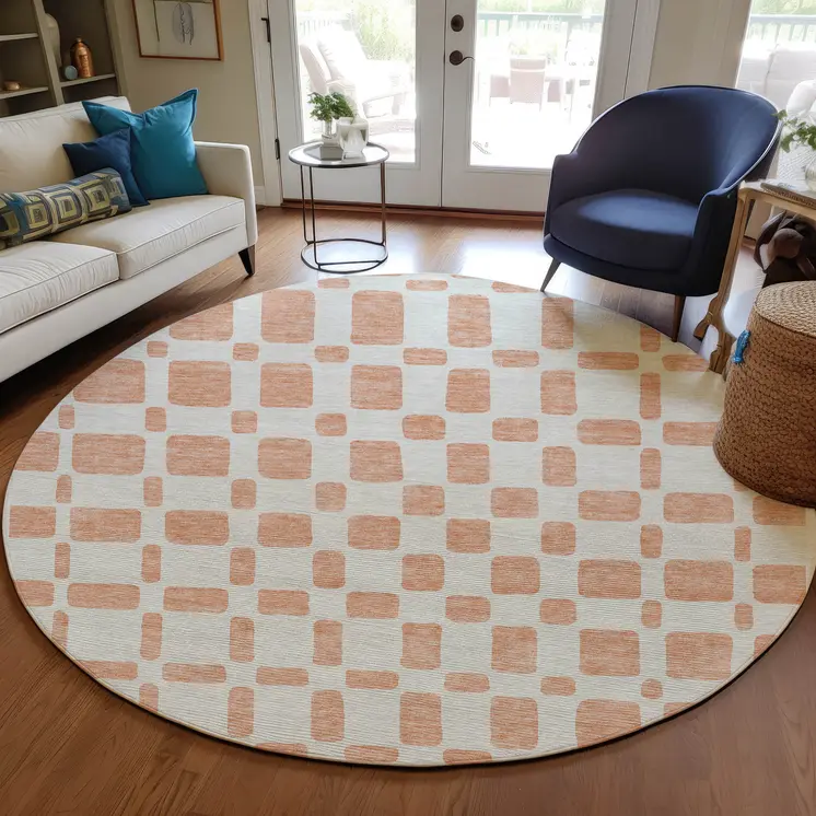8' Peach And Beige Round Geometric Washable Indoor Outdoor Area Rug