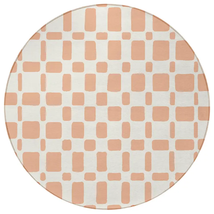 8' Peach And Beige Round Geometric Washable Indoor Outdoor Area Rug
