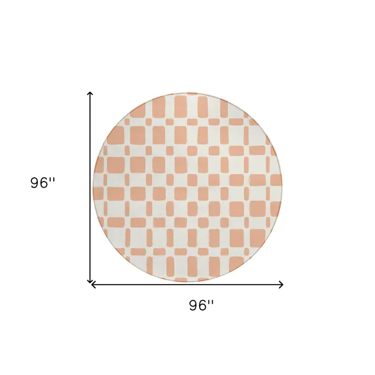 8' Peach And Beige Round Geometric Washable Indoor Outdoor Area Rug