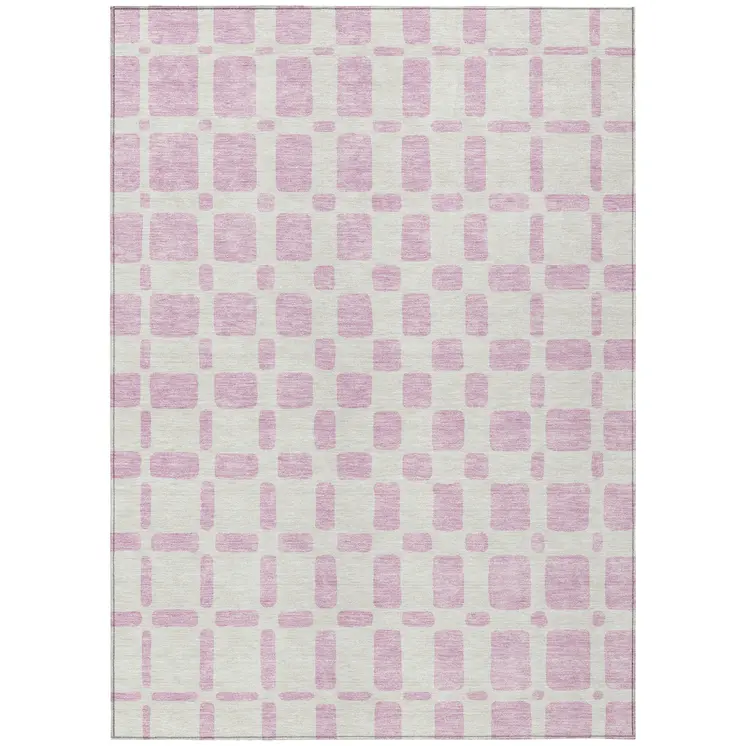 3' X 5' Pink And Ivory Geometric Washable Indoor Outdoor Area Rug