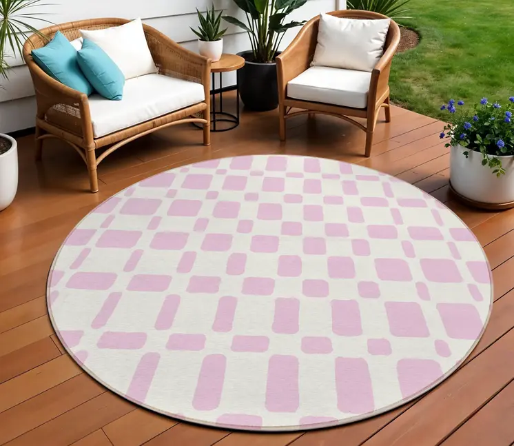 8' Pink And Ivory Round Geometric Washable Indoor Outdoor Area Rug