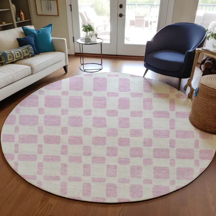 8' Pink And Ivory Round Geometric Washable Indoor Outdoor Area Rug