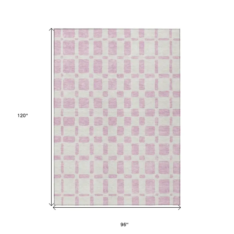 8' X 10' Pink And Ivory Geometric Washable Indoor Outdoor Area Rug
