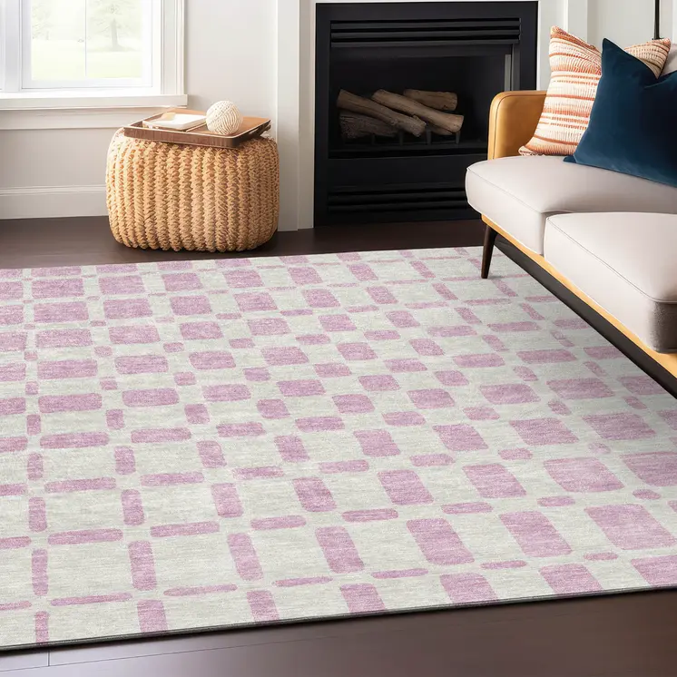 8' X 10' Pink And Ivory Geometric Washable Indoor Outdoor Area Rug