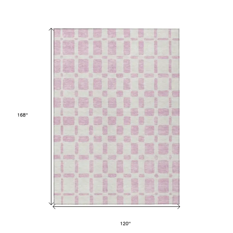10' X 14' Pink And Ivory Geometric Washable Indoor Outdoor Area Rug