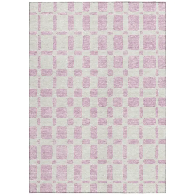 10' X 14' Pink And Ivory Geometric Washable Indoor Outdoor Area Rug