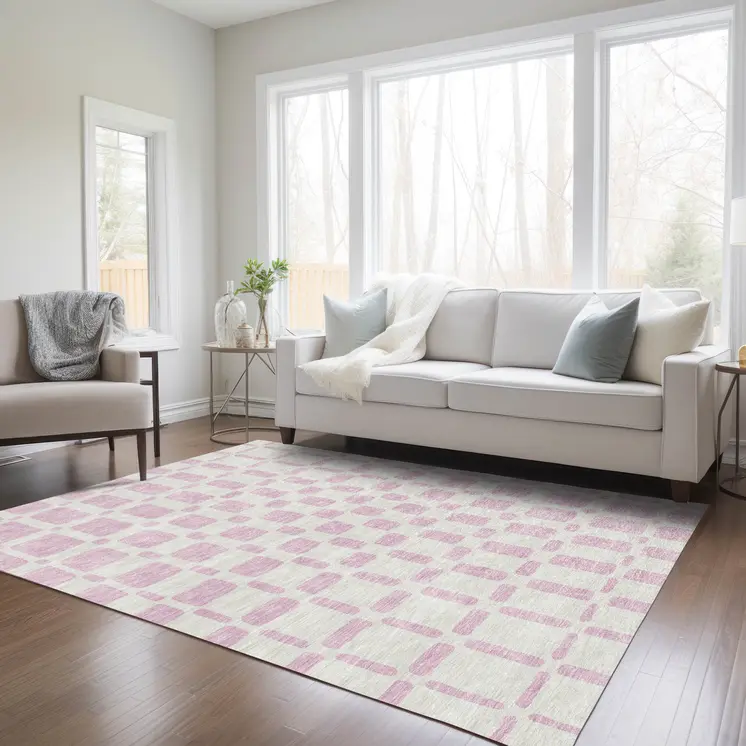10' X 14' Pink And Ivory Geometric Washable Indoor Outdoor Area Rug