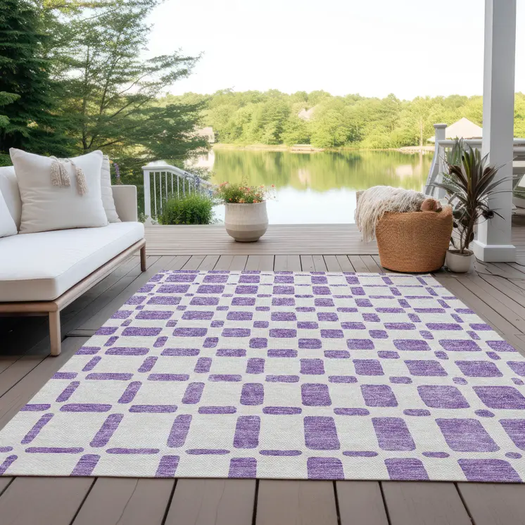 3' X 5' Purple And Ivory Geometric Washable Indoor Outdoor Area Rug