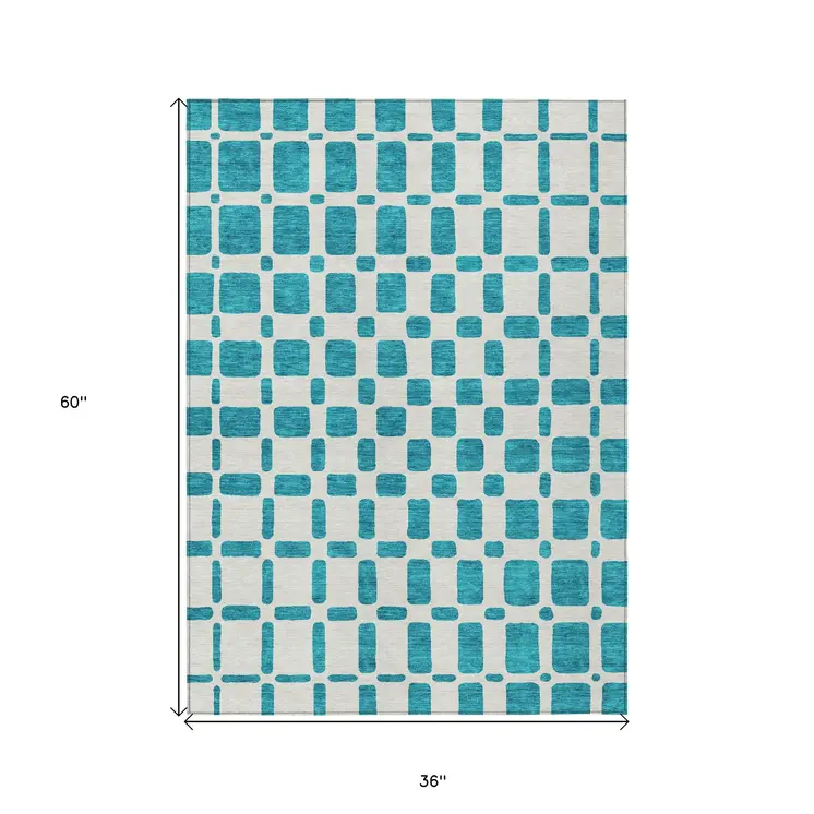 3' X 5' Teal Blue And Ivory Geometric Washable Indoor Outdoor Area Rug