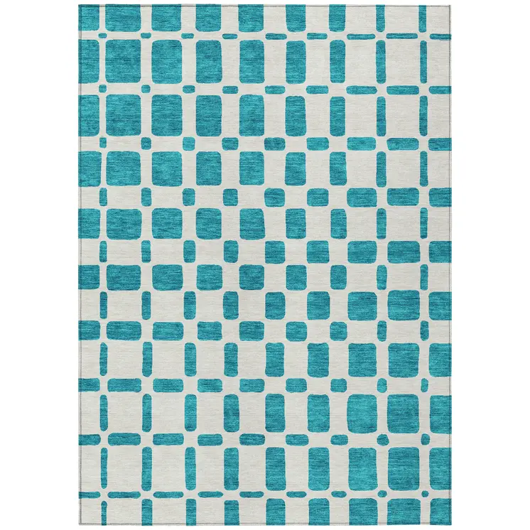 5' X 8' Teal Blue And Ivory Geometric Washable Indoor Outdoor Area Rug