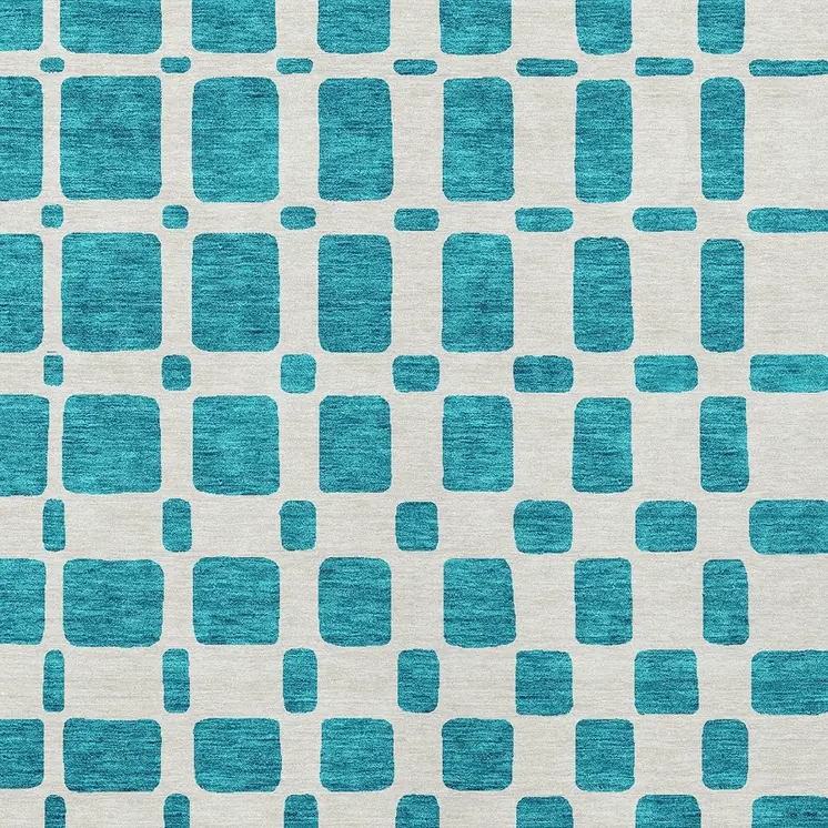 5' X 8' Teal Blue And Ivory Geometric Washable Indoor Outdoor Area Rug