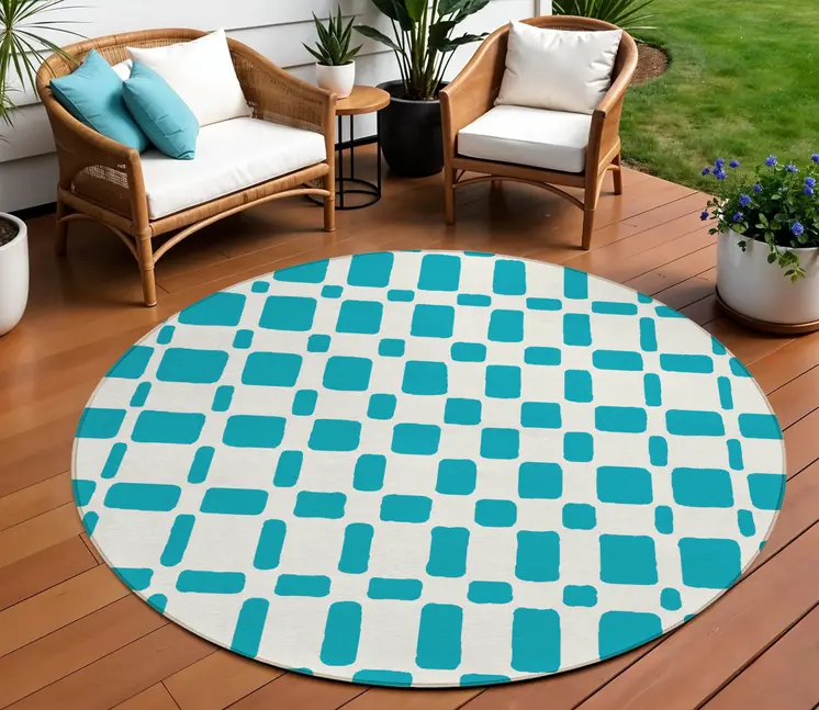 8' Teal Blue And Ivory Round Geometric Washable Indoor Outdoor Area Rug