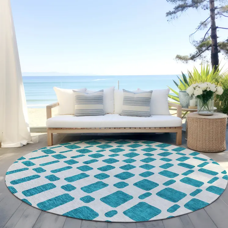 8' Teal Blue And Ivory Round Geometric Washable Indoor Outdoor Area Rug