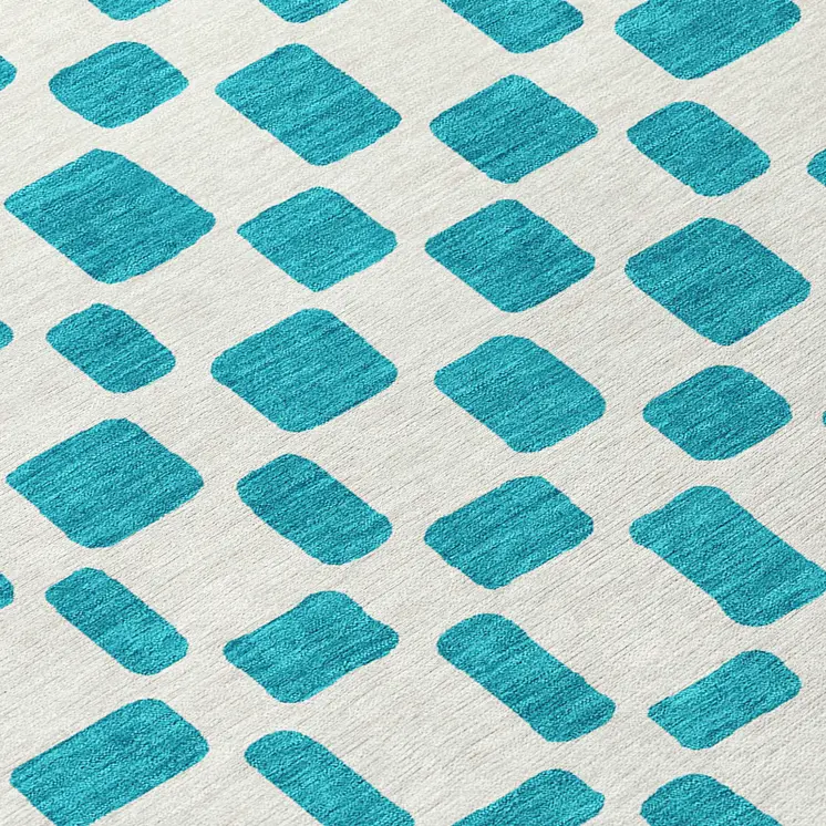 8' Teal Blue And Ivory Round Geometric Washable Indoor Outdoor Area Rug