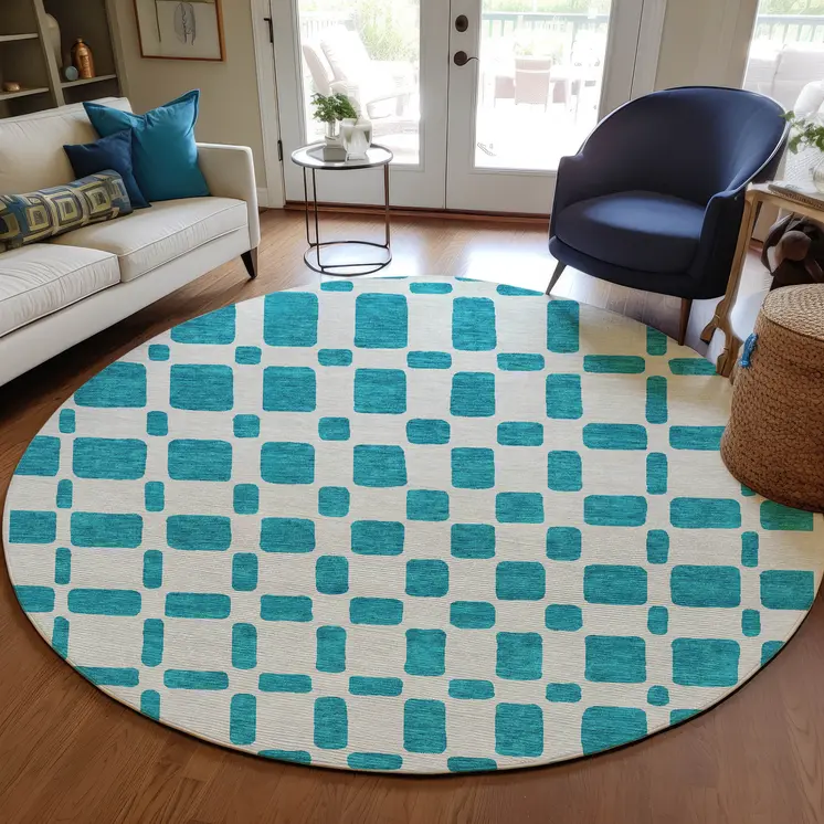8' Teal Blue And Ivory Round Geometric Washable Indoor Outdoor Area Rug