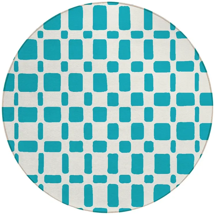 8' Teal Blue And Ivory Round Geometric Washable Indoor Outdoor Area Rug