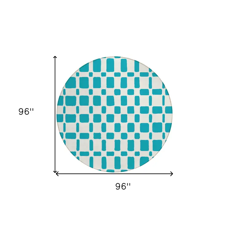 8' Teal Blue And Ivory Round Geometric Washable Indoor Outdoor Area Rug