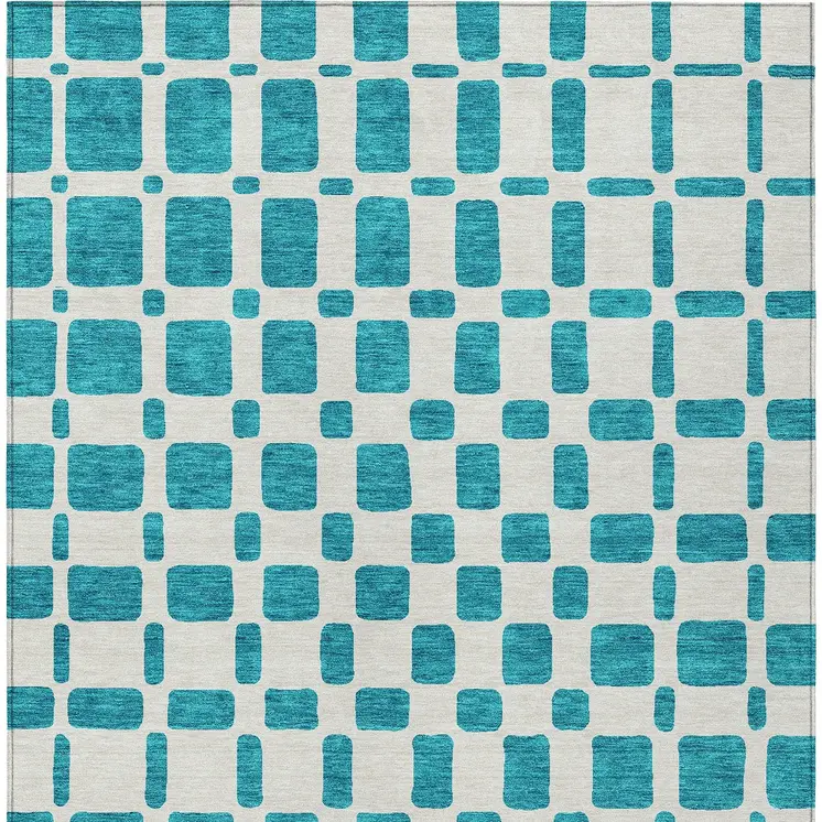 9' X 12' Teal Blue And Ivory Geometric Washable Indoor Outdoor Area Rug