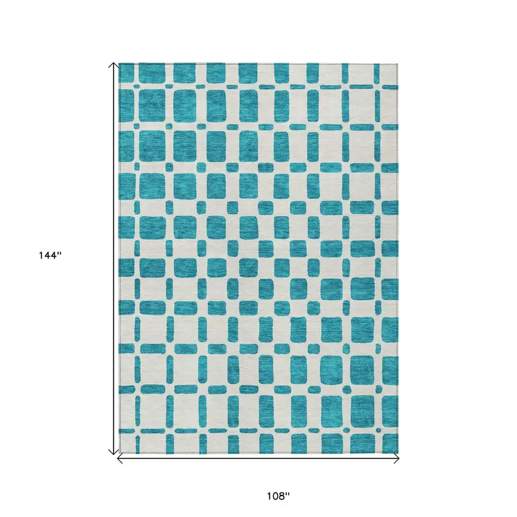 9' X 12' Teal Blue And Ivory Geometric Washable Indoor Outdoor Area Rug