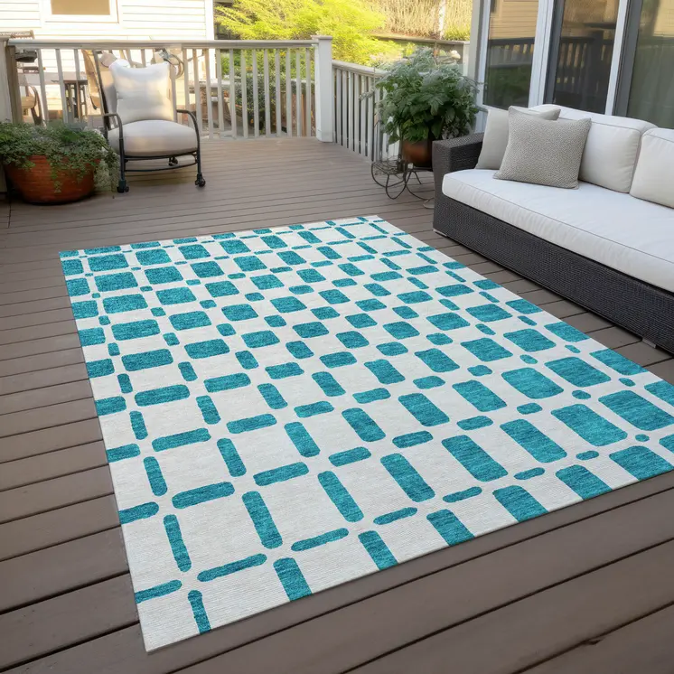 9' X 12' Teal Blue And Ivory Geometric Washable Indoor Outdoor Area Rug
