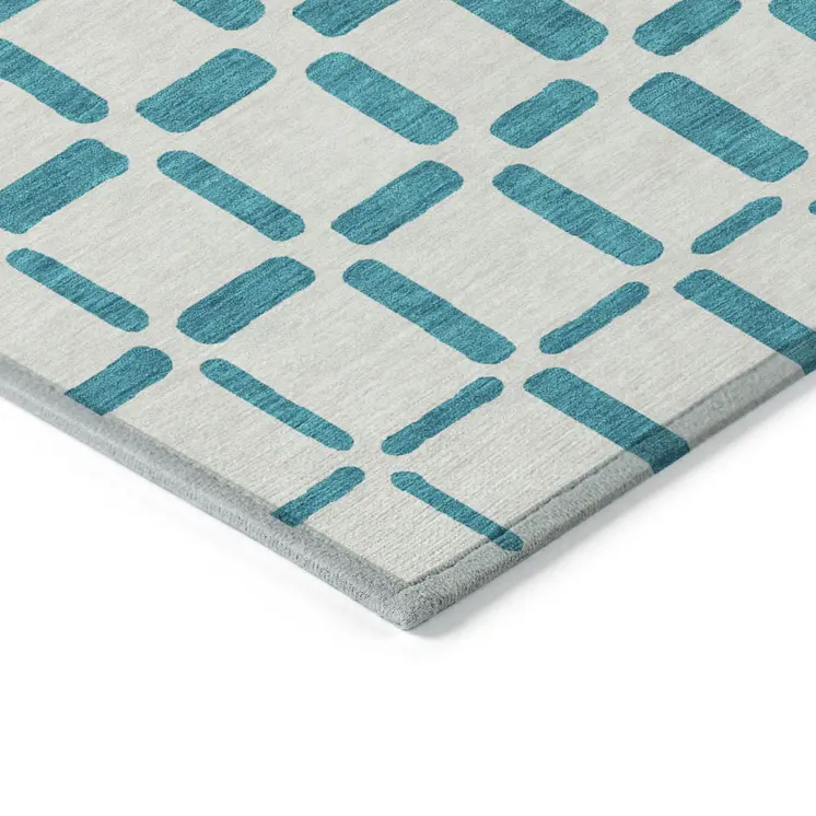 9' X 12' Teal Blue And Ivory Geometric Washable Indoor Outdoor Area Rug