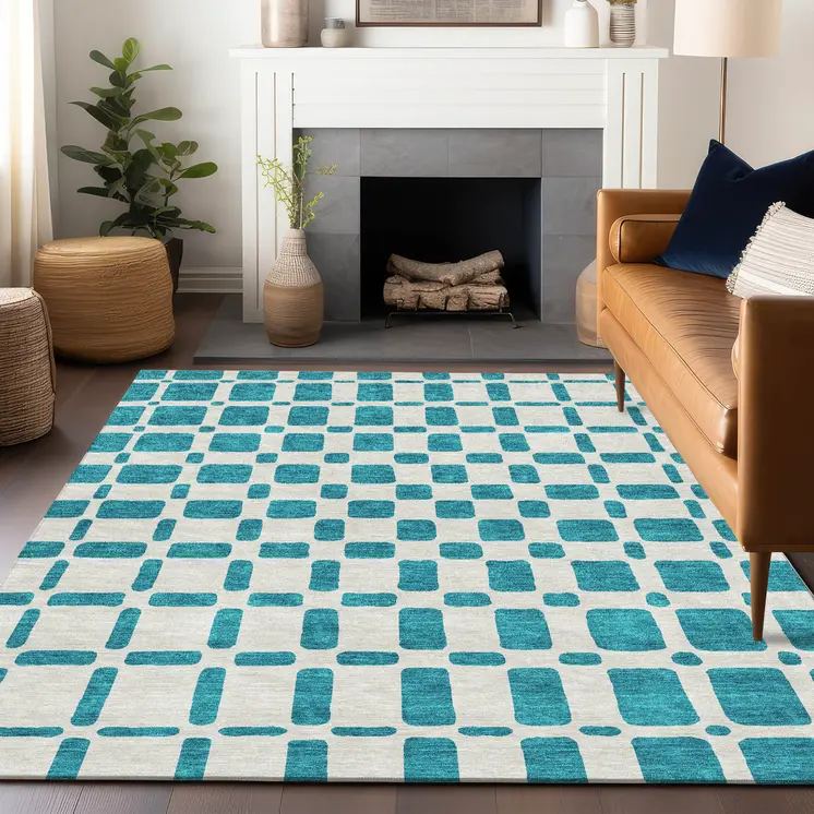 9' X 12' Teal Blue And Ivory Geometric Washable Indoor Outdoor Area Rug