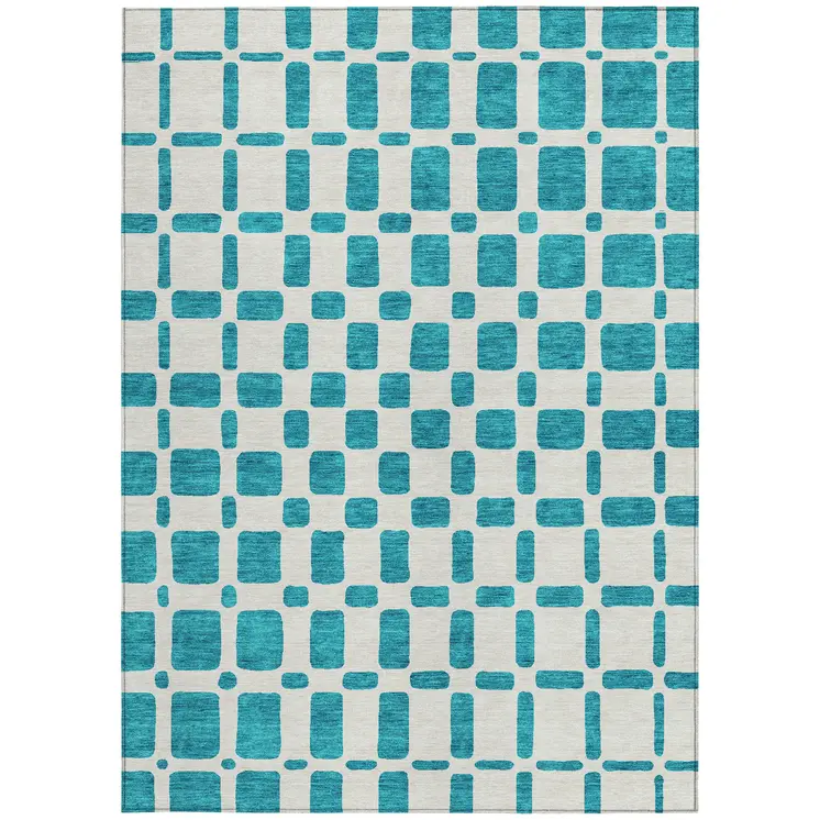10' X 14' Teal Blue And Ivory Geometric Washable Indoor Outdoor Area Rug