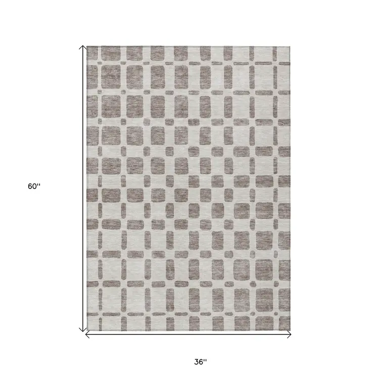 3' X 5' Taupe And Beige Geometric Washable Indoor Outdoor Area Rug
