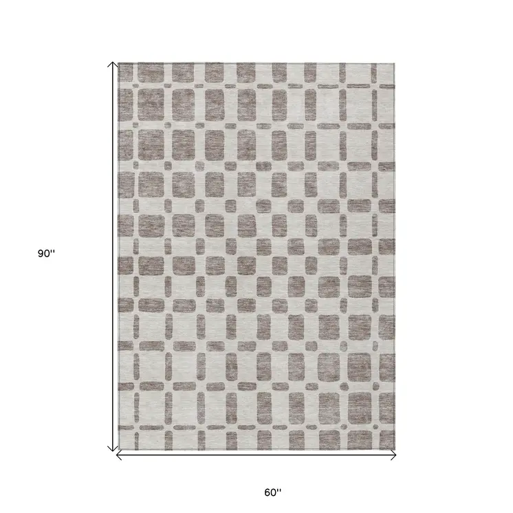 5' X 8' Taupe And Beige Geometric Washable Indoor Outdoor Area Rug
