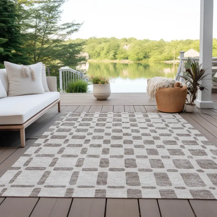 5' X 8' Taupe And Beige Geometric Washable Indoor Outdoor Area Rug