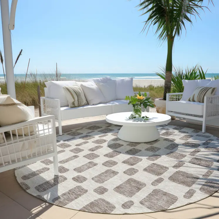 8' Taupe And Beige Round Geometric Washable Indoor Outdoor Area Rug