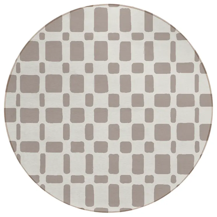 8' Taupe And Beige Round Geometric Washable Indoor Outdoor Area Rug