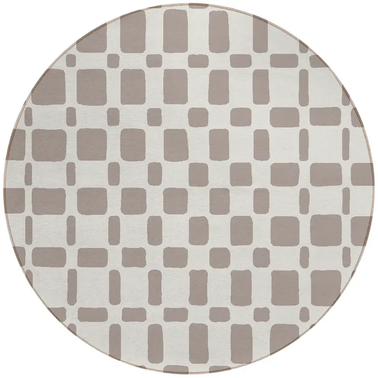 8' Taupe And Beige Round Geometric Washable Indoor Outdoor Area Rug
