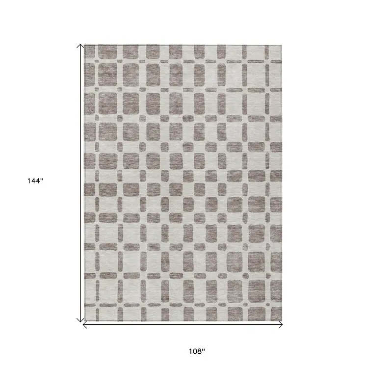9' X 12' Taupe And Beige Geometric Washable Indoor Outdoor Area Rug