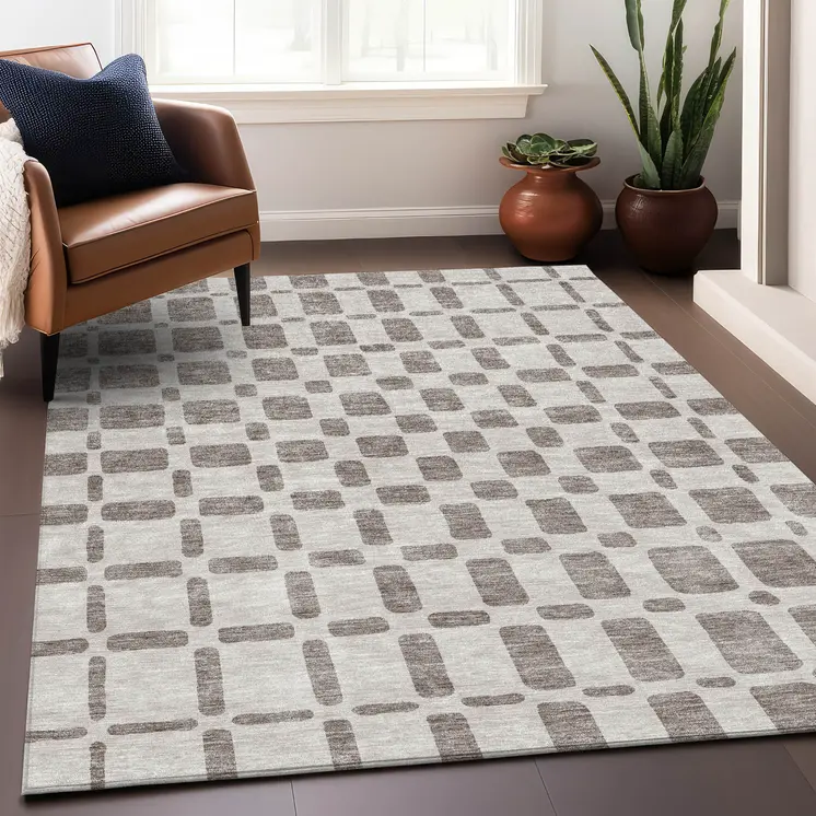 9' X 12' Taupe And Beige Geometric Washable Indoor Outdoor Area Rug