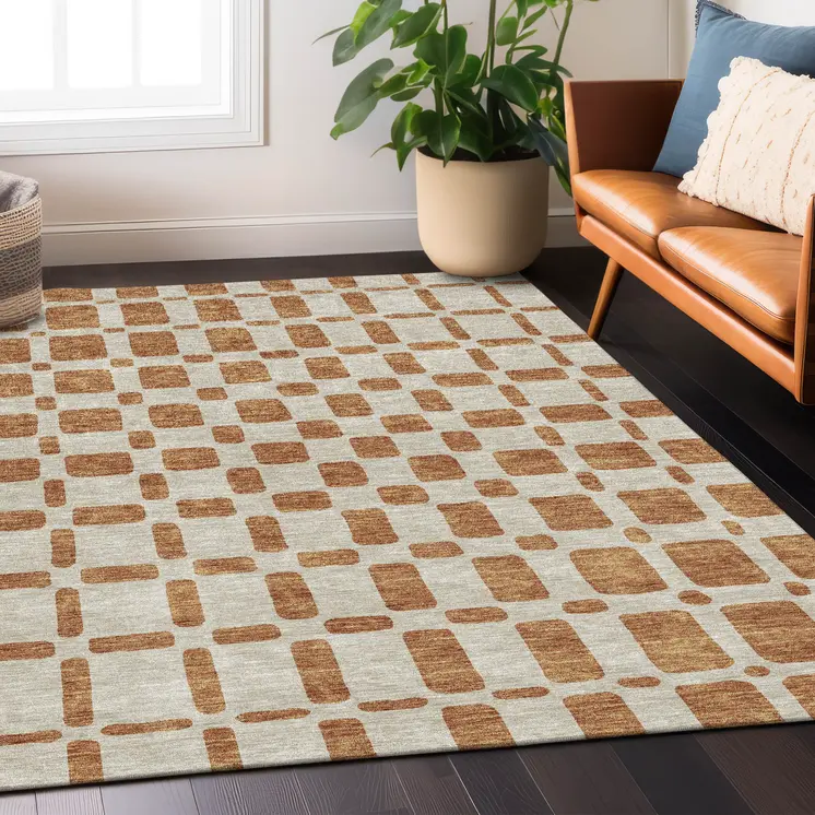 3' X 5' Terra Cotta And Beige Geometric Washable Indoor Outdoor Area Rug