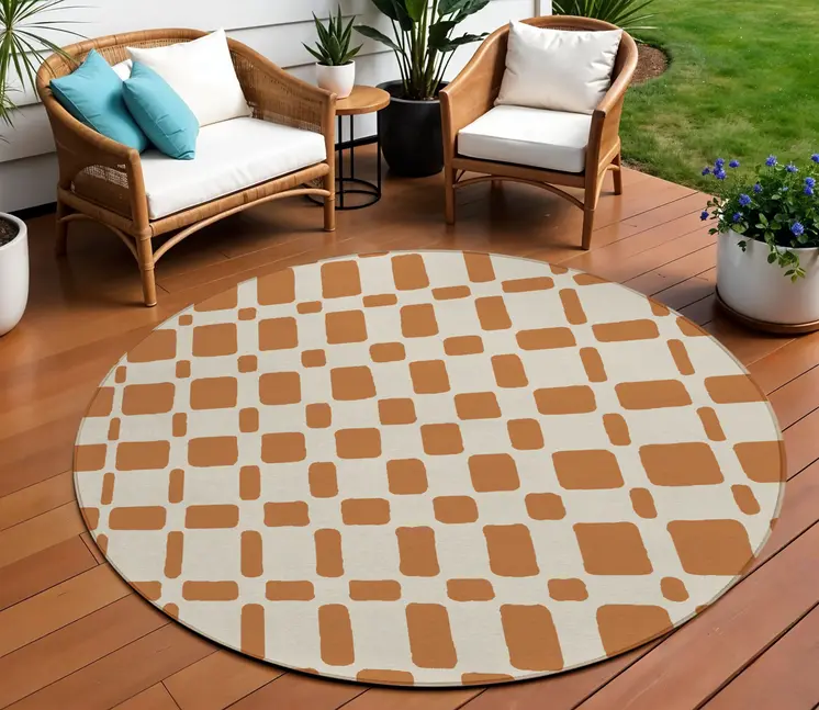 8' Terra Cotta And Beige Round Geometric Washable Indoor Outdoor Area Rug