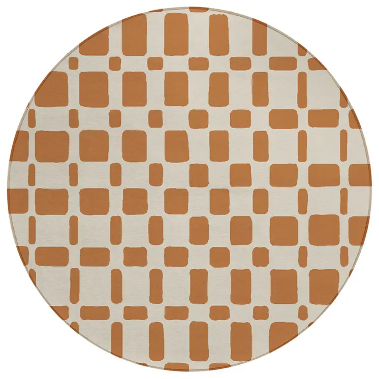8' Terra Cotta And Beige Round Geometric Washable Indoor Outdoor Area Rug