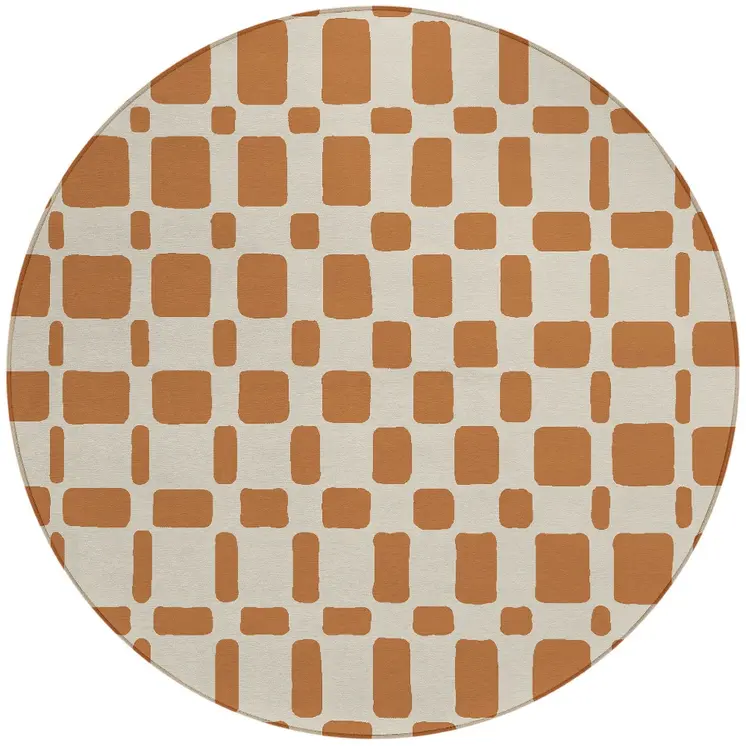 8' Terra Cotta And Beige Round Geometric Washable Indoor Outdoor Area Rug