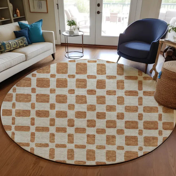 8' Terra Cotta And Beige Round Geometric Washable Indoor Outdoor Area Rug