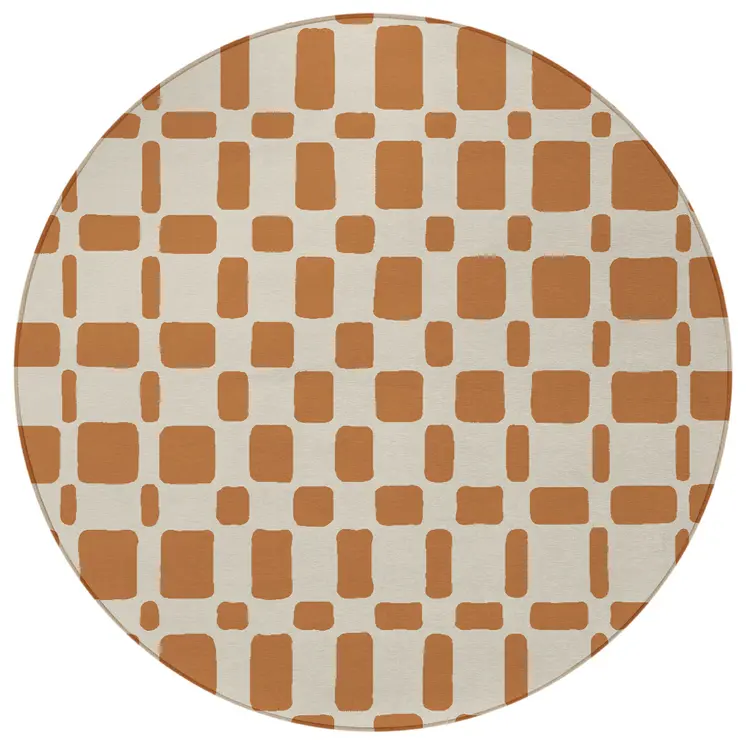 8' Terra Cotta And Beige Round Geometric Washable Indoor Outdoor Area Rug