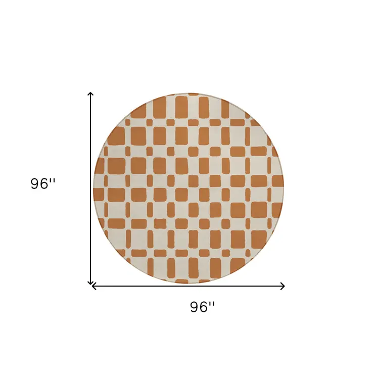 8' Terra Cotta And Beige Round Geometric Washable Indoor Outdoor Area Rug