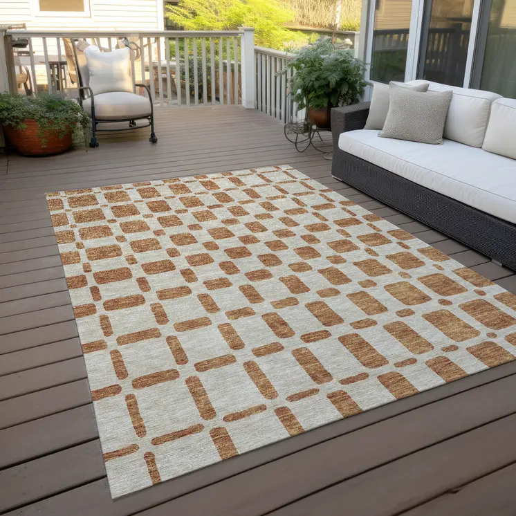10' X 14' Terra Cotta And Beige Geometric Washable Indoor Outdoor Area Rug