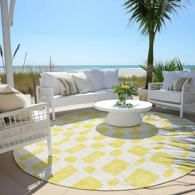 8' Yellow And Gray Round Geometric Washable Indoor Outdoor Area Rug