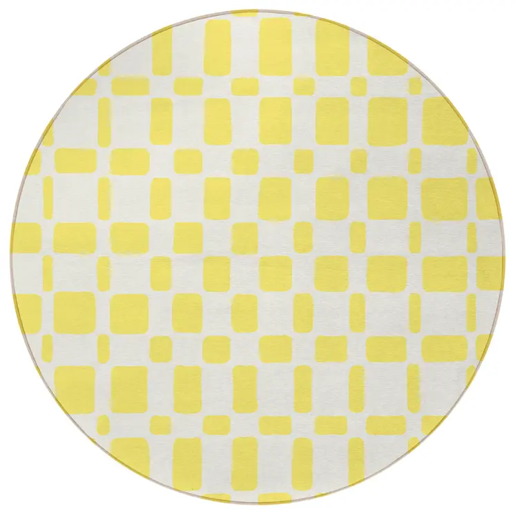 8' Yellow And Gray Round Geometric Washable Indoor Outdoor Area Rug