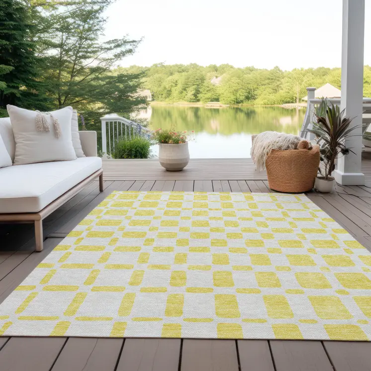 8' X 10' Yellow And Gray Geometric Washable Indoor Outdoor Area Rug