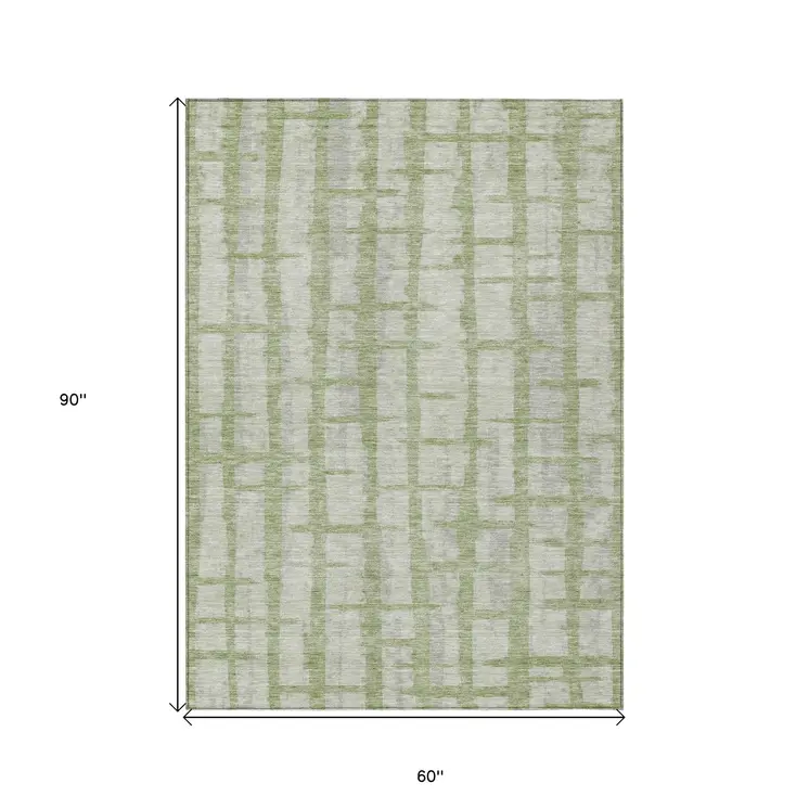 5' X 8' Artichoke Green And Gray Striped Washable Indoor Outdoor Area Rug